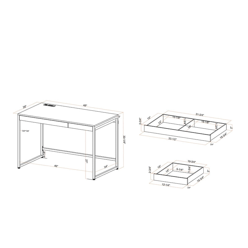 Bureau d'ordinateur 1 personne 122 cm noir/blanc avec 2 tiroirs et ports de chargement