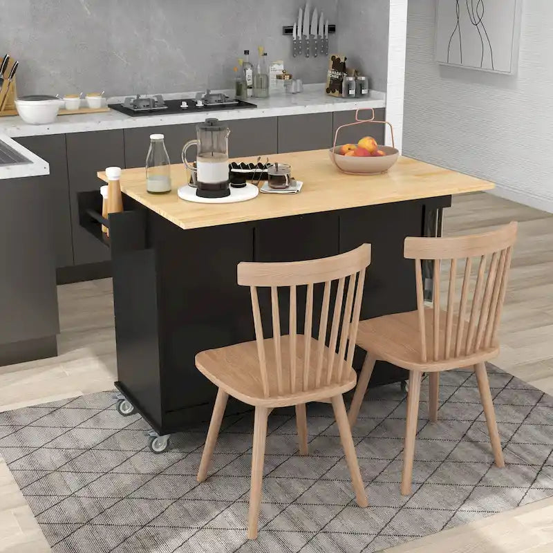 Îlot de cuisine roulant noir avec plateau en bois massif, pour assemblage par 2 personnes