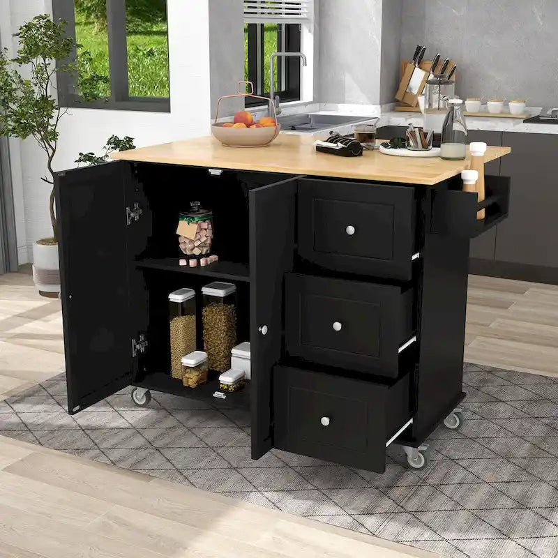 Îlot de cuisine roulant noir avec plateau en bois massif, pour assemblage par 2 personnes