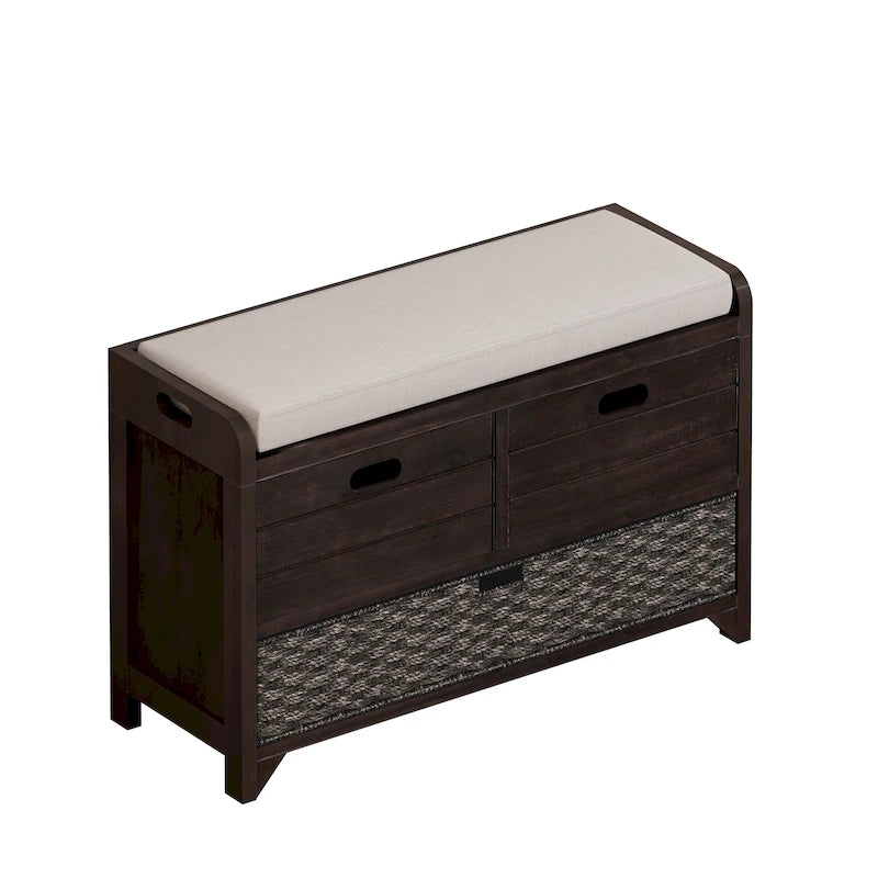 Banc de rangement capitonné, 2 tiroirs et panier, Espresso/Chêne/Blanc/Bleu, 2 places