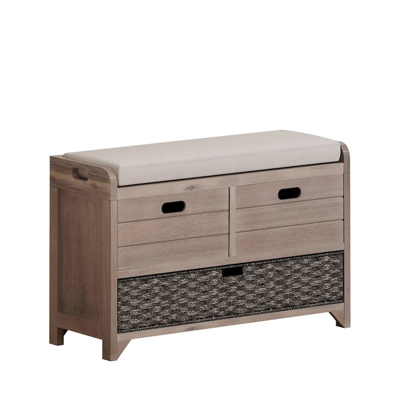 Banc de rangement capitonné, 2 tiroirs et panier, Espresso/Chêne/Blanc/Bleu, 2 places
