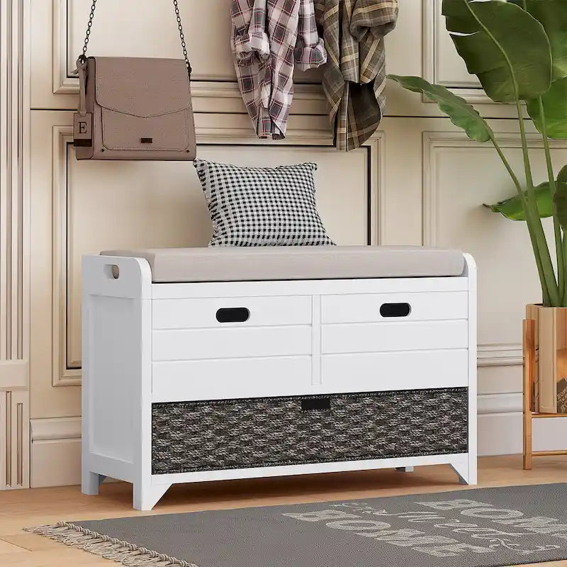 Banc de rangement capitonné, 2 tiroirs et panier, Espresso/Chêne/Blanc/Bleu, 2 places