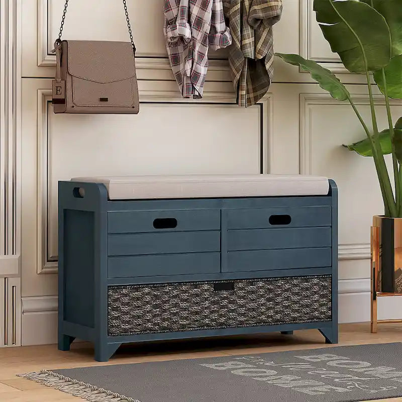 Banc de rangement capitonné, 2 tiroirs et panier, Espresso/Chêne/Blanc/Bleu, 2 places