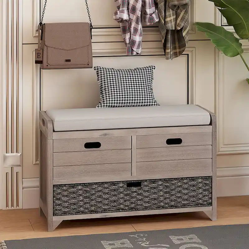 Banc de rangement capitonné, 2 tiroirs et panier, Espresso/Chêne/Blanc/Bleu, 2 places