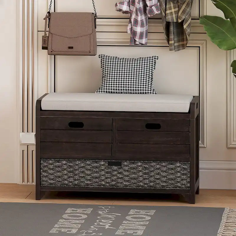 Banc de rangement capitonné, 2 tiroirs et panier, Espresso/Chêne/Blanc/Bleu, 2 places