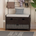 Banc de rangement capitonné, 2 tiroirs et panier, Espresso/Chêne/Blanc/Bleu, 2 places