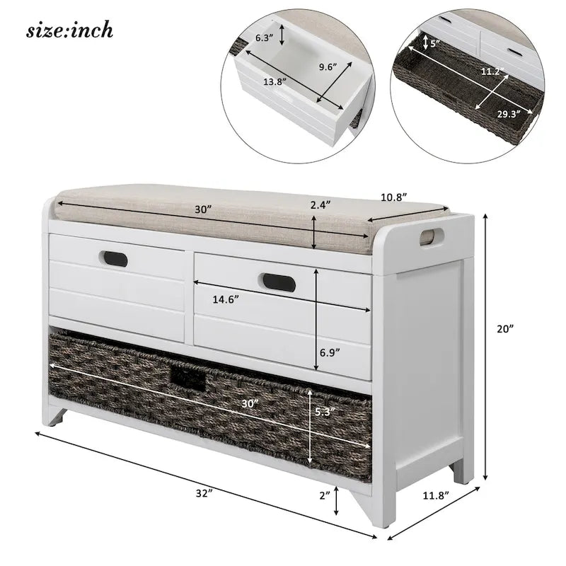 Banc de rangement capitonné, 2 tiroirs et panier, Espresso/Chêne/Blanc/Bleu, 2 places