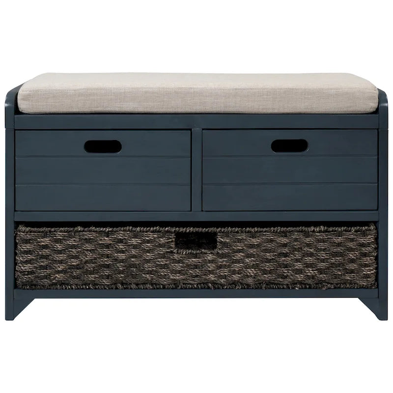 Banc de rangement capitonné, 2 tiroirs et panier, Espresso/Chêne/Blanc/Bleu, 2 places