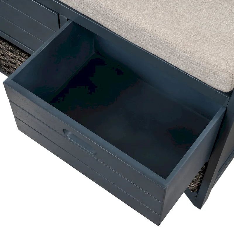 Banc de rangement capitonné, 2 tiroirs et panier, Espresso/Chêne/Blanc/Bleu, 2 places