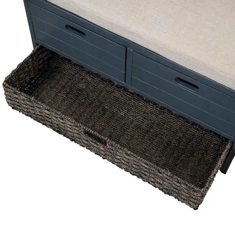 Banc de rangement capitonné, 2 tiroirs et panier, Espresso/Chêne/Blanc/Bleu, 2 places