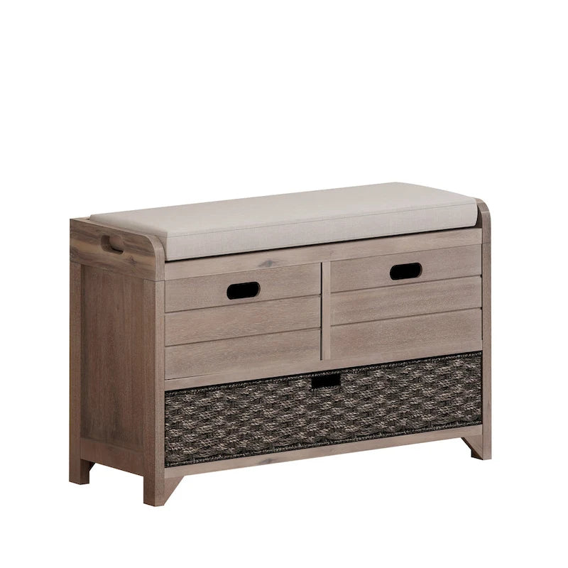 Banc de rangement capitonné, 2 tiroirs et panier, Espresso/Chêne/Blanc/Bleu, 2 places