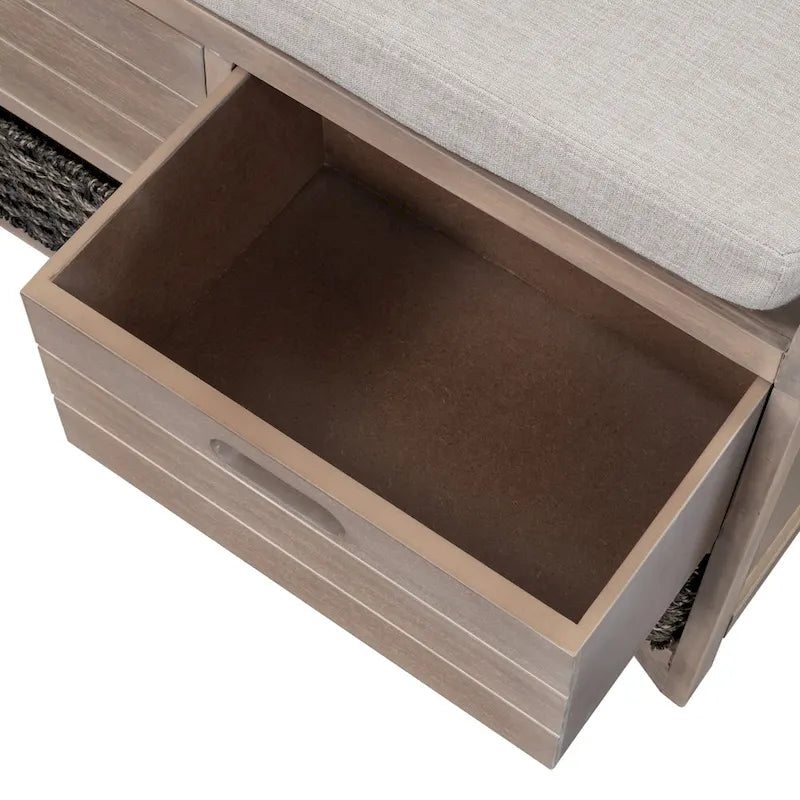 Banc de rangement capitonné, 2 tiroirs et panier, Espresso/Chêne/Blanc/Bleu, 2 places