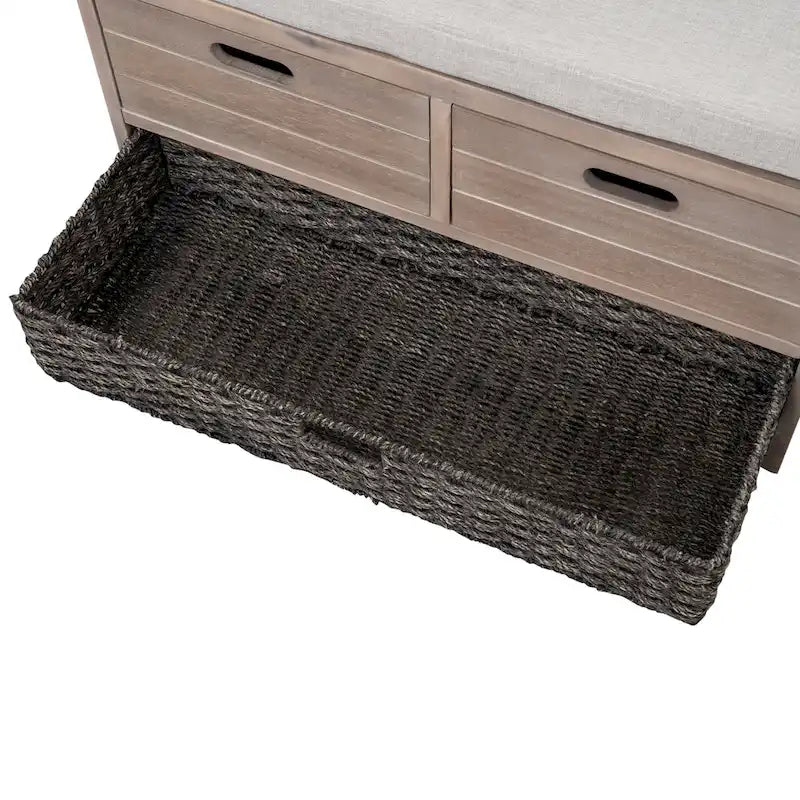 Banc de rangement capitonné, 2 tiroirs et panier, Espresso/Chêne/Blanc/Bleu, 2 places