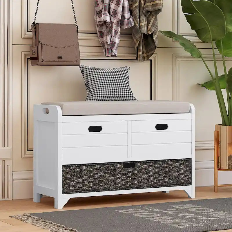 Banc de rangement capitonné, 2 tiroirs et panier, Espresso/Chêne/Blanc/Bleu, 2 places