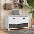 Banc de rangement capitonné, 2 tiroirs et panier, Espresso/Chêne/Blanc/Bleu, 2 places
