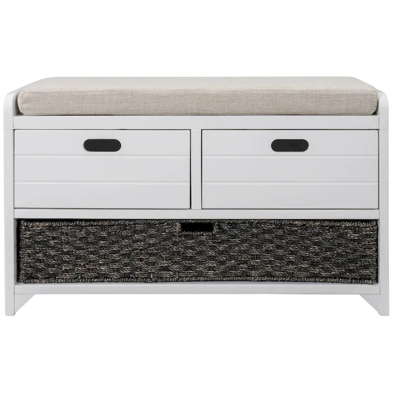 Banc de rangement capitonné, 2 tiroirs et panier, Espresso/Chêne/Blanc/Bleu, 2 places