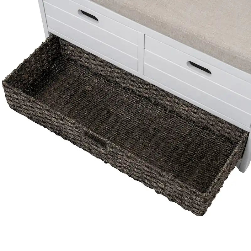 Banc de rangement capitonné, 2 tiroirs et panier, Espresso/Chêne/Blanc/Bleu, 2 places