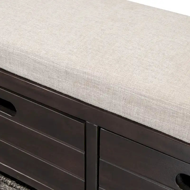 Banc de rangement capitonné, 2 tiroirs et panier, Espresso/Chêne/Blanc/Bleu, 2 places