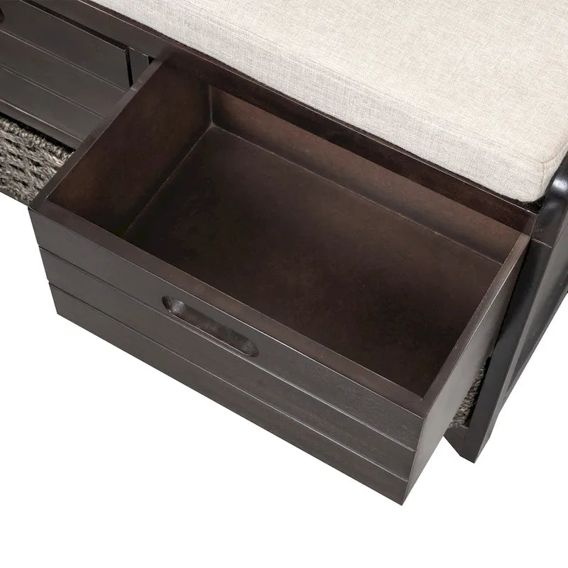 Banc de rangement capitonné, 2 tiroirs et panier, Espresso/Chêne/Blanc/Bleu, 2 places