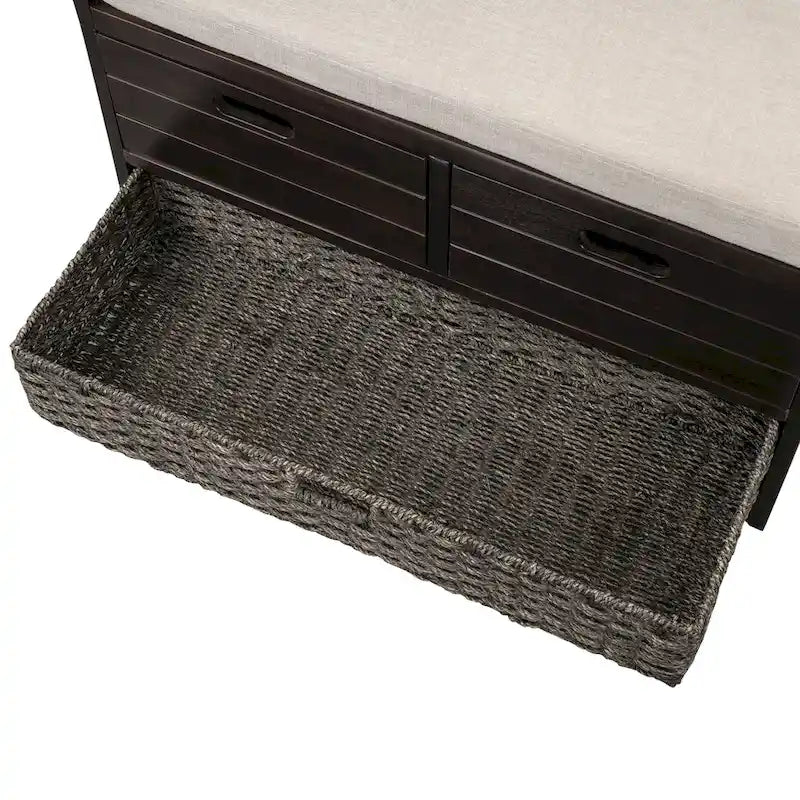 Banc de rangement capitonné, 2 tiroirs et panier, Espresso/Chêne/Blanc/Bleu, 2 places