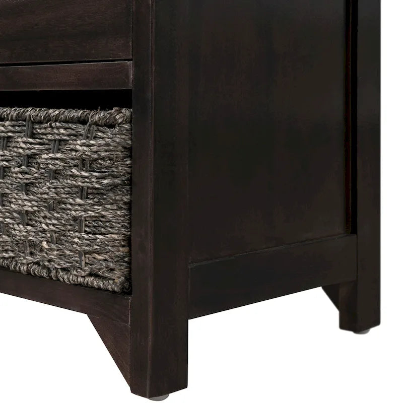 Banc de rangement capitonné, 2 tiroirs et panier, Espresso/Chêne/Blanc/Bleu, 2 places