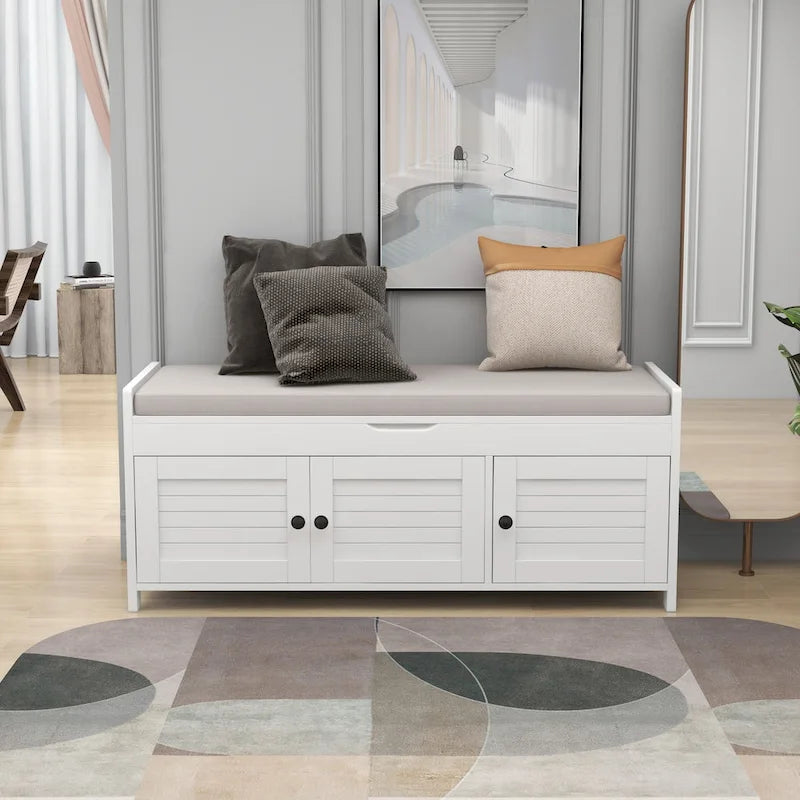 Banc de rangement rustique avec portes persiennes, 2 places, Gris délavé/Bleu marine antique/Blanc/Expresso