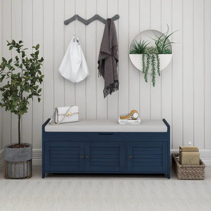Banc de rangement rustique avec portes persiennes, 2 places, Gris délavé/Bleu marine antique/Blanc/Expresso