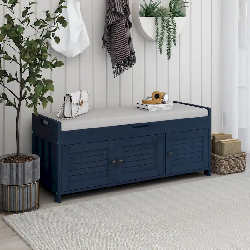 Banc de rangement rustique avec portes persiennes, 2 places, Gris délavé/Bleu marine antique/Blanc/Expresso