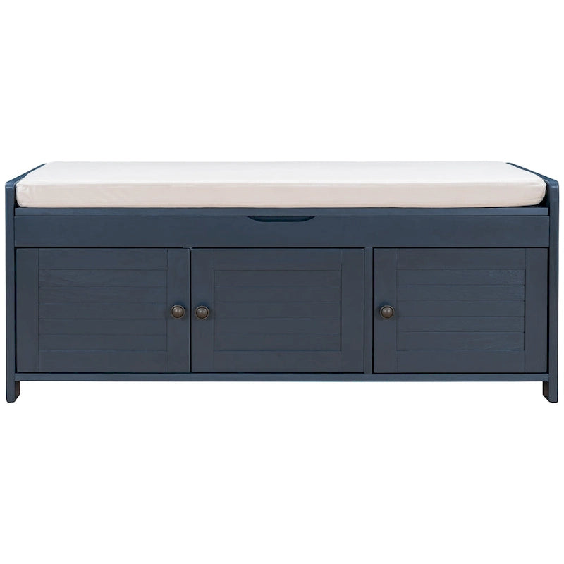 Banc de rangement rustique avec portes persiennes, 2 places, Gris délavé/Bleu marine antique/Blanc/Expresso