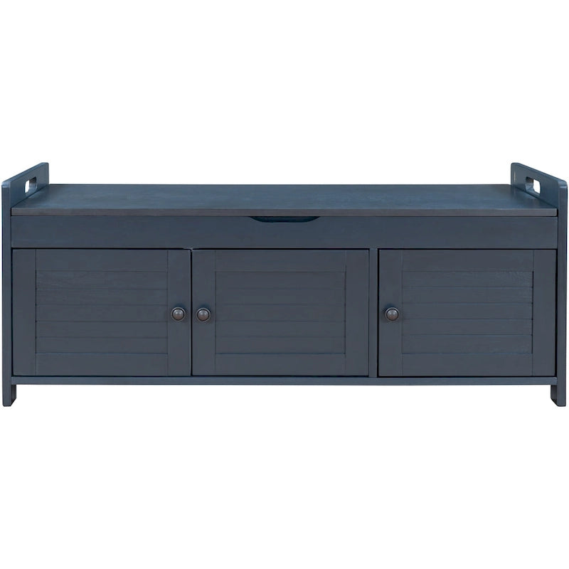 Banc de rangement rustique avec portes persiennes, 2 places, Gris délavé/Bleu marine antique/Blanc/Expresso