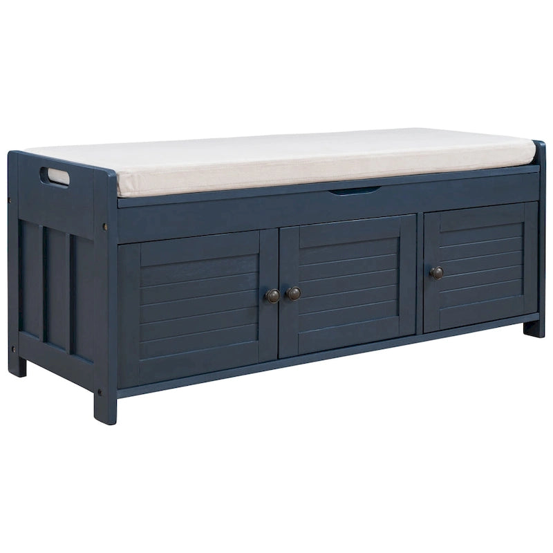Banc de rangement rustique avec portes persiennes, 2 places, Gris délavé/Bleu marine antique/Blanc/Expresso