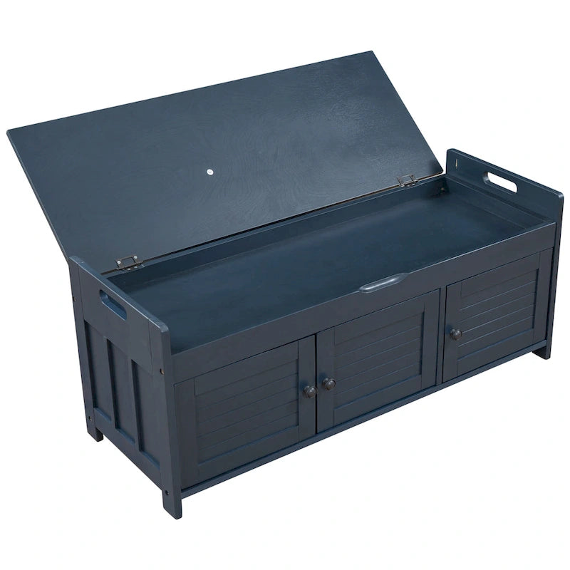 Banc de rangement rustique avec portes persiennes, 2 places, Gris délavé/Bleu marine antique/Blanc/Expresso