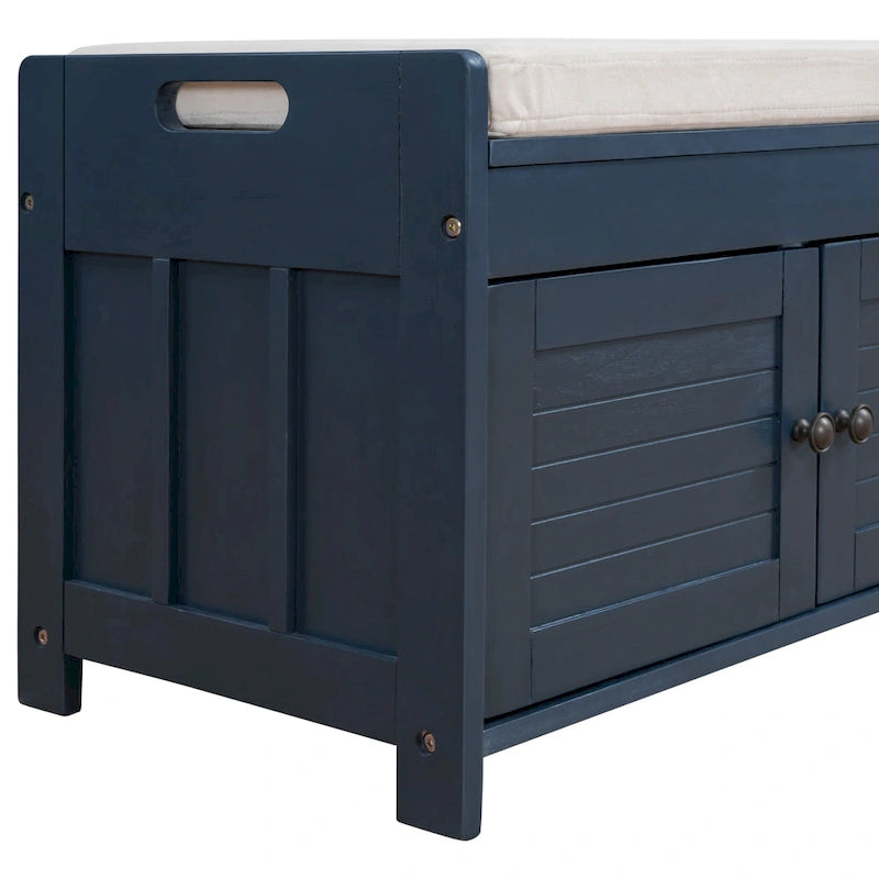 Banc de rangement rustique avec portes persiennes, 2 places, Gris délavé/Bleu marine antique/Blanc/Expresso