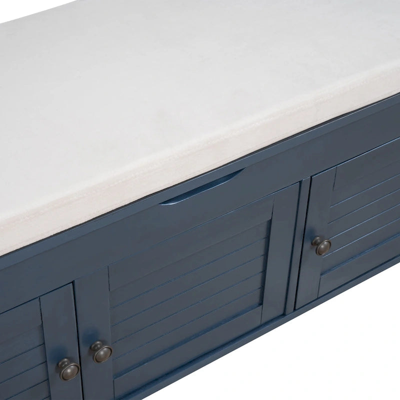 Banc de rangement rustique avec portes persiennes, 2 places, Gris délavé/Bleu marine antique/Blanc/Expresso