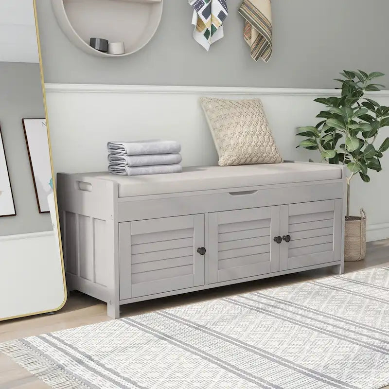 Banc de rangement rustique avec portes persiennes, 2 places, Gris délavé/Bleu marine antique/Blanc/Expresso