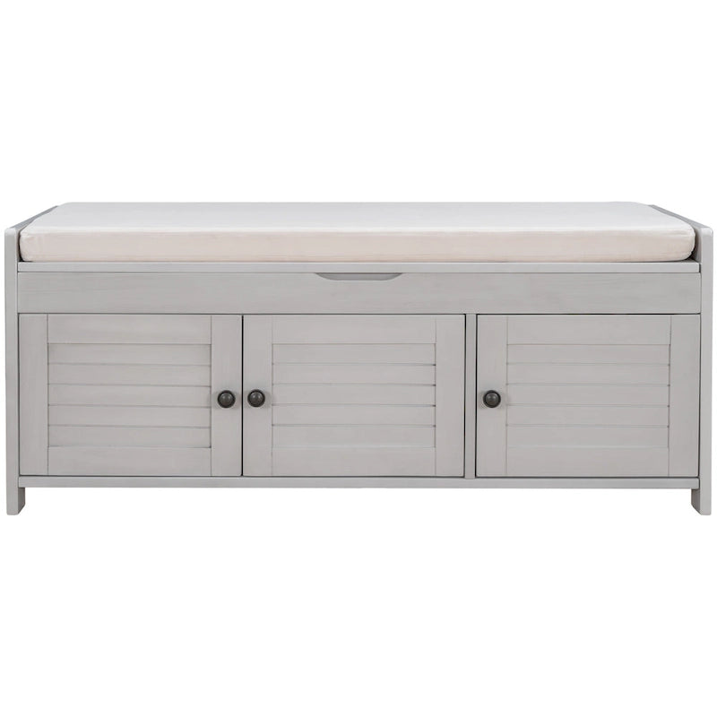 Banc de rangement rustique avec portes persiennes, 2 places, Gris délavé/Bleu marine antique/Blanc/Expresso