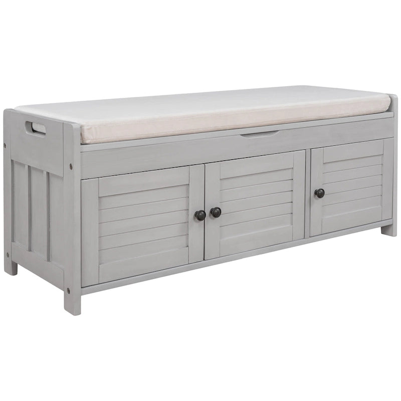 Banc de rangement rustique avec portes persiennes, 2 places, Gris délavé/Bleu marine antique/Blanc/Expresso