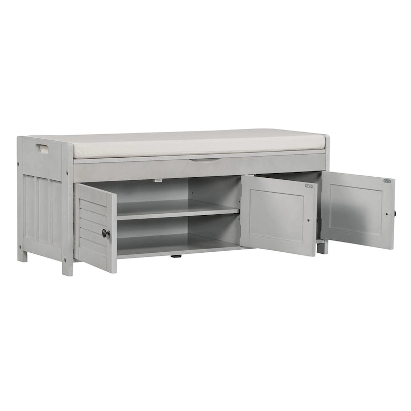 Banc de rangement rustique avec portes persiennes, 2 places, Gris délavé/Bleu marine antique/Blanc/Expresso