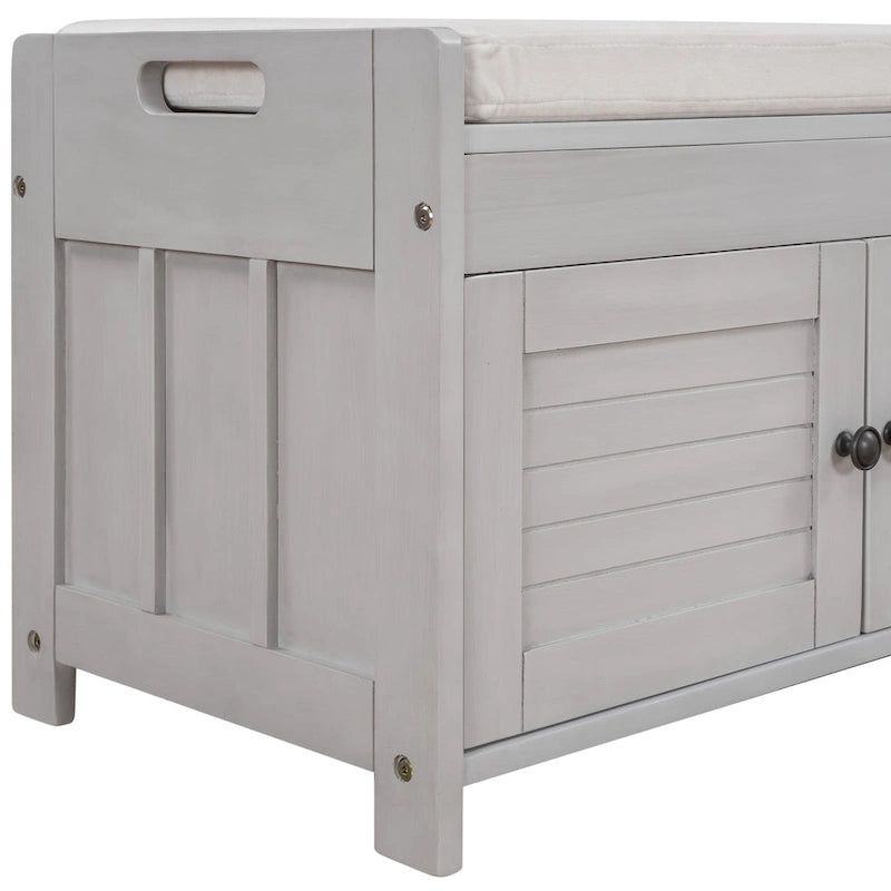 Banc de rangement rustique avec portes persiennes, 2 places, Gris délavé/Bleu marine antique/Blanc/Expresso