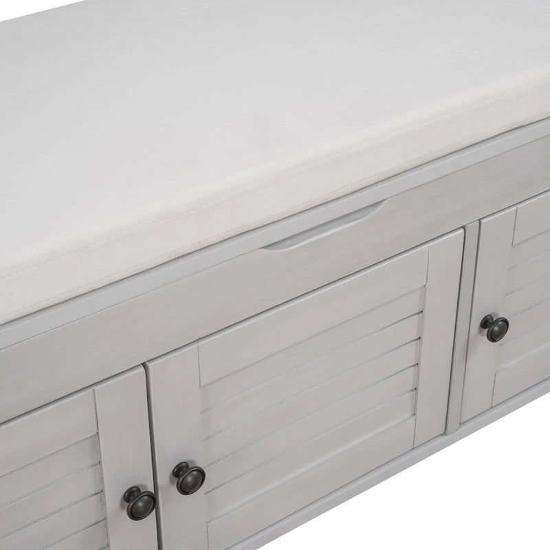 Banc de rangement rustique avec portes persiennes, 2 places, Gris délavé/Bleu marine antique/Blanc/Expresso