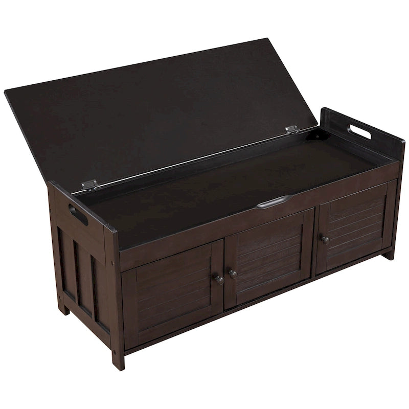 Banc de rangement rustique avec portes persiennes, 2 places, Gris délavé/Bleu marine antique/Blanc/Expresso