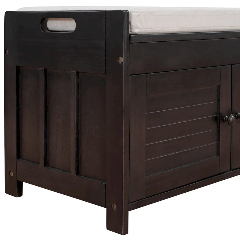 Banc de rangement rustique avec portes persiennes, 2 places, Gris délavé/Bleu marine antique/Blanc/Expresso