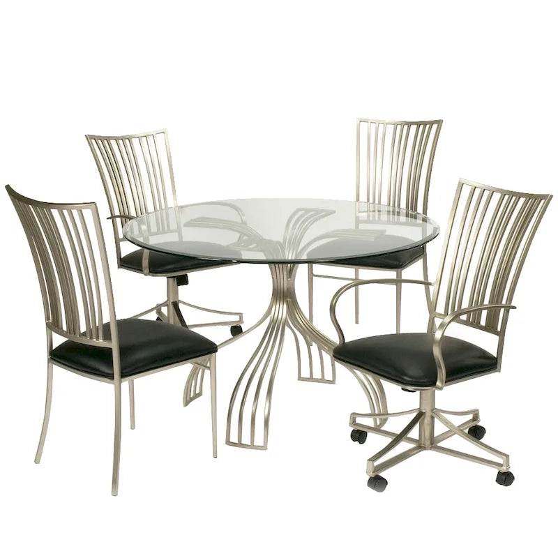 Table à manger ronde en verre argentée, base en nickel brossé, 4 places