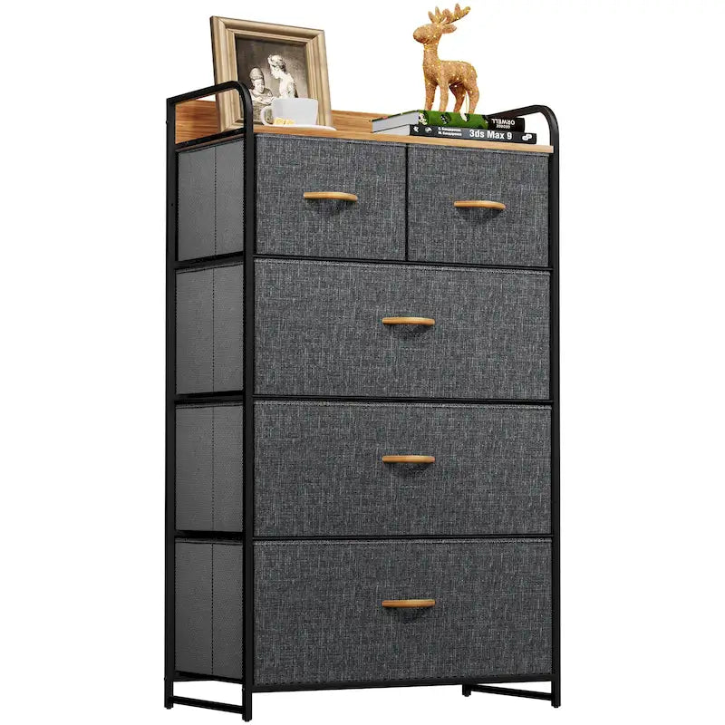 Commode de rangement en tissu à 5 tiroirs gris clair/gris foncé/crème/noir, individuelle