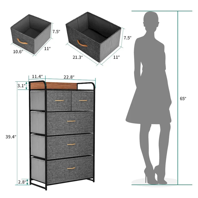 Commode de rangement en tissu à 5 tiroirs gris clair/gris foncé/crème/noir, individuelle