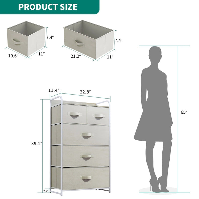 Commode de rangement en tissu à 5 tiroirs gris clair/gris foncé/crème/noir, individuelle