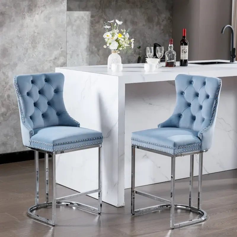 Tabourets de bar à dossier haut en velours bleu clair/beige/gris, lot de 2