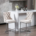 Tabourets de bar à dossier haut en velours bleu clair/beige/gris, lot de 2
