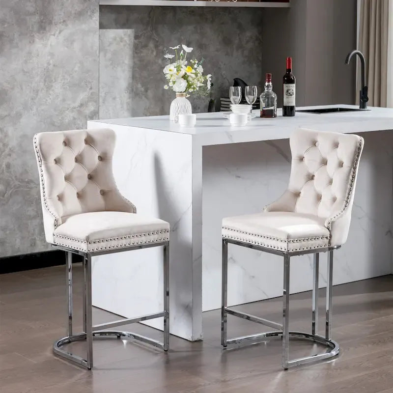 Tabourets de bar à dossier haut en velours bleu clair/beige/gris, lot de 2