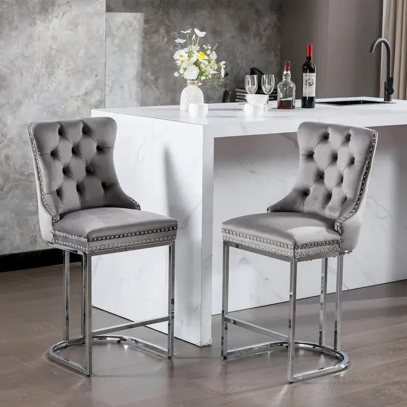 Tabourets de bar à dossier haut en velours bleu clair/beige/gris, lot de 2
